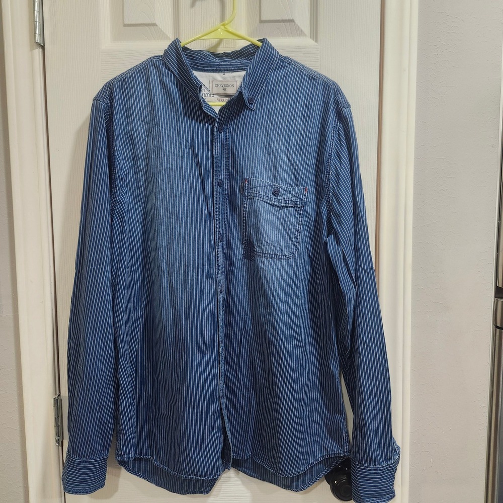Chevignon Mens Blue White Striped Long Sleeve Button Down Shirt Straight Fit XL
